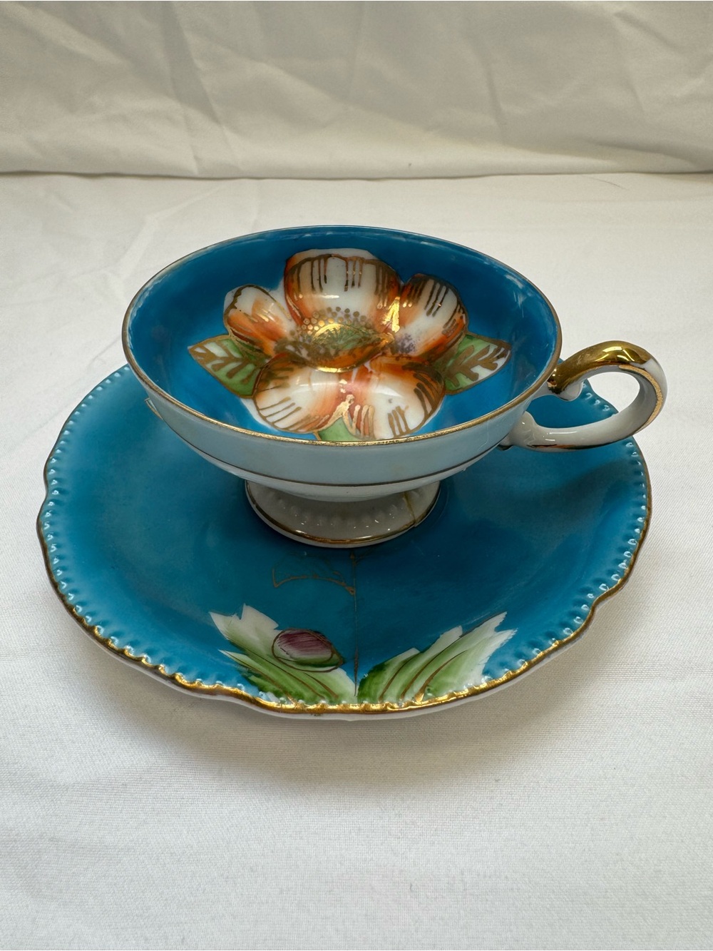 Vintage Japanese Blue Floral Teacup & Saucer, Gold Trim “Wales China” Porcelain